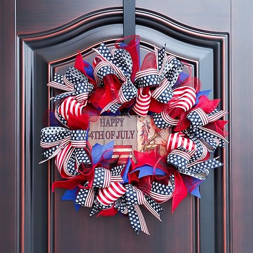 Miniatura 6 de MENDERRY Cinta patriótica de 25 pulgadas26 pies 4 de julio bandera de Estados Unidos con borde con alambre cinta a cuadros de búfalo rojo blanco
