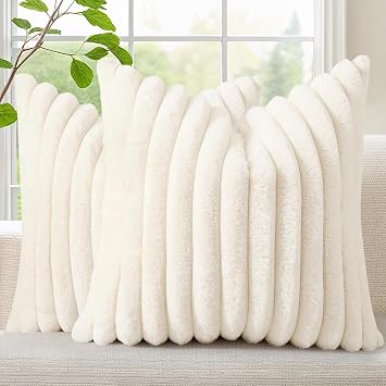 decorUhome Faux Fur Cushion Covers 45x45 cm Set of 2, Decorative Soft Plush Striped Neutral Pillow case 18X18 Inch with Velvet Back for Sofa, Bed, Living Room Home Decor, Cream White