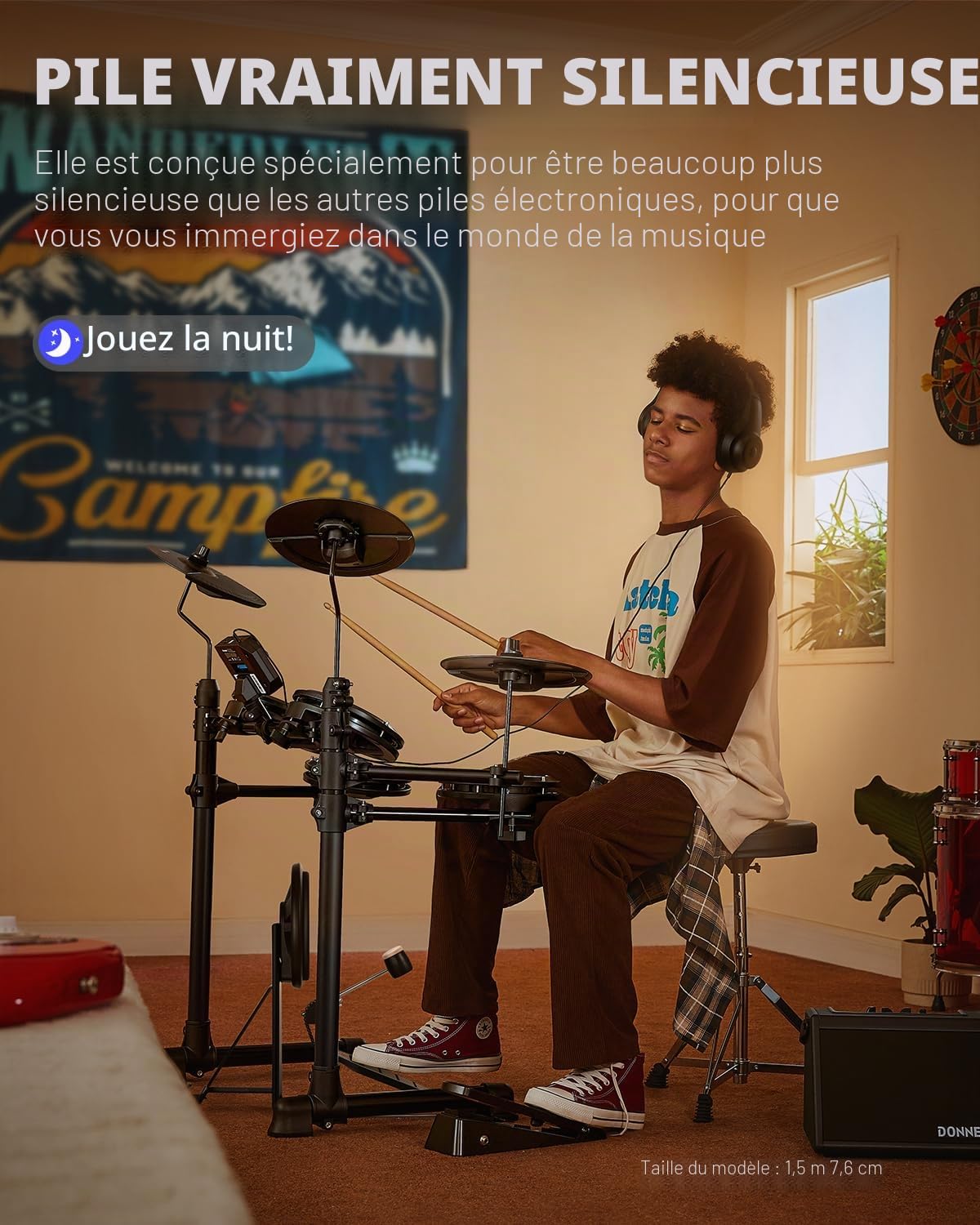 Donner Batteries électroniques drum set pour débutant avec 180 sons, batterie complète en maille silencieuse, légère et portable (DED-80)