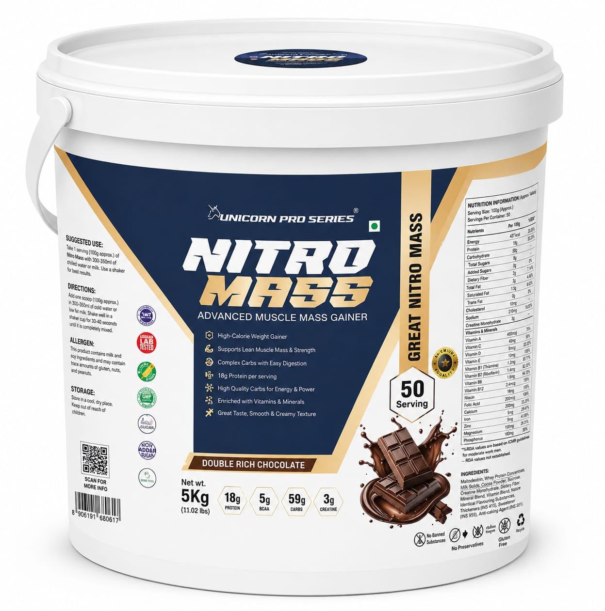 Unicorn Pro Series Nitro Mass Advanced Muscle Mass Gainer Powder | Double Rich Chocolate | High Protein Weight Gainer with Carbs, Vitamins & Minerals | 5 kg | 50 Servings-image-34