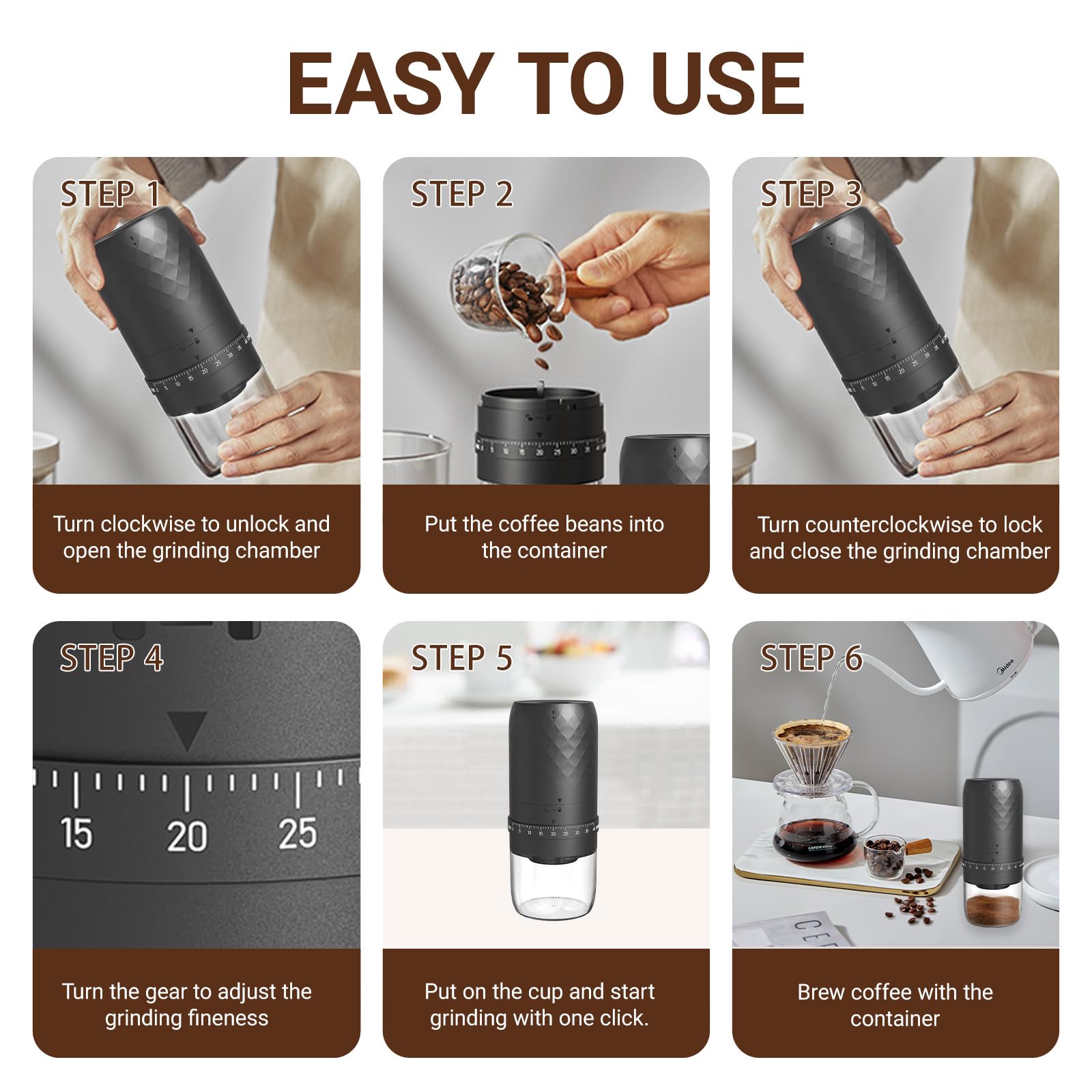 UCAMP Macina Caffè Elettrico, Portatile Coffee Grinder Ricaricabile con 40 Livelli External, Macinacaffè Elettrico per Espresso, Pour Over, French Press e Moka, Idee per Campeggio, Viaggi - 3