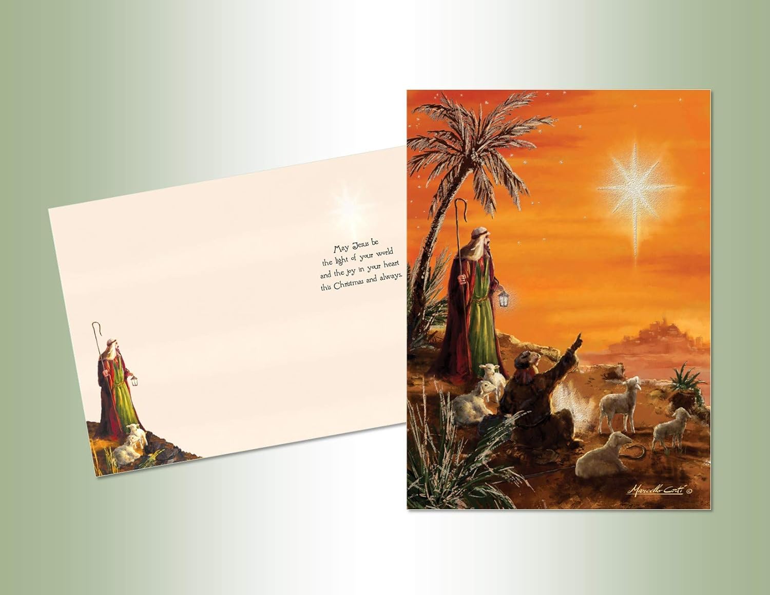 PERFORMING ARTS ® BOXED CHRISTMAS CARDS Shepherds Deluxe Non-flake Glitter Embellished Boxed Christmas Cards with Full Color Inside Designs (14 glitter cards, 14 envelopes)
