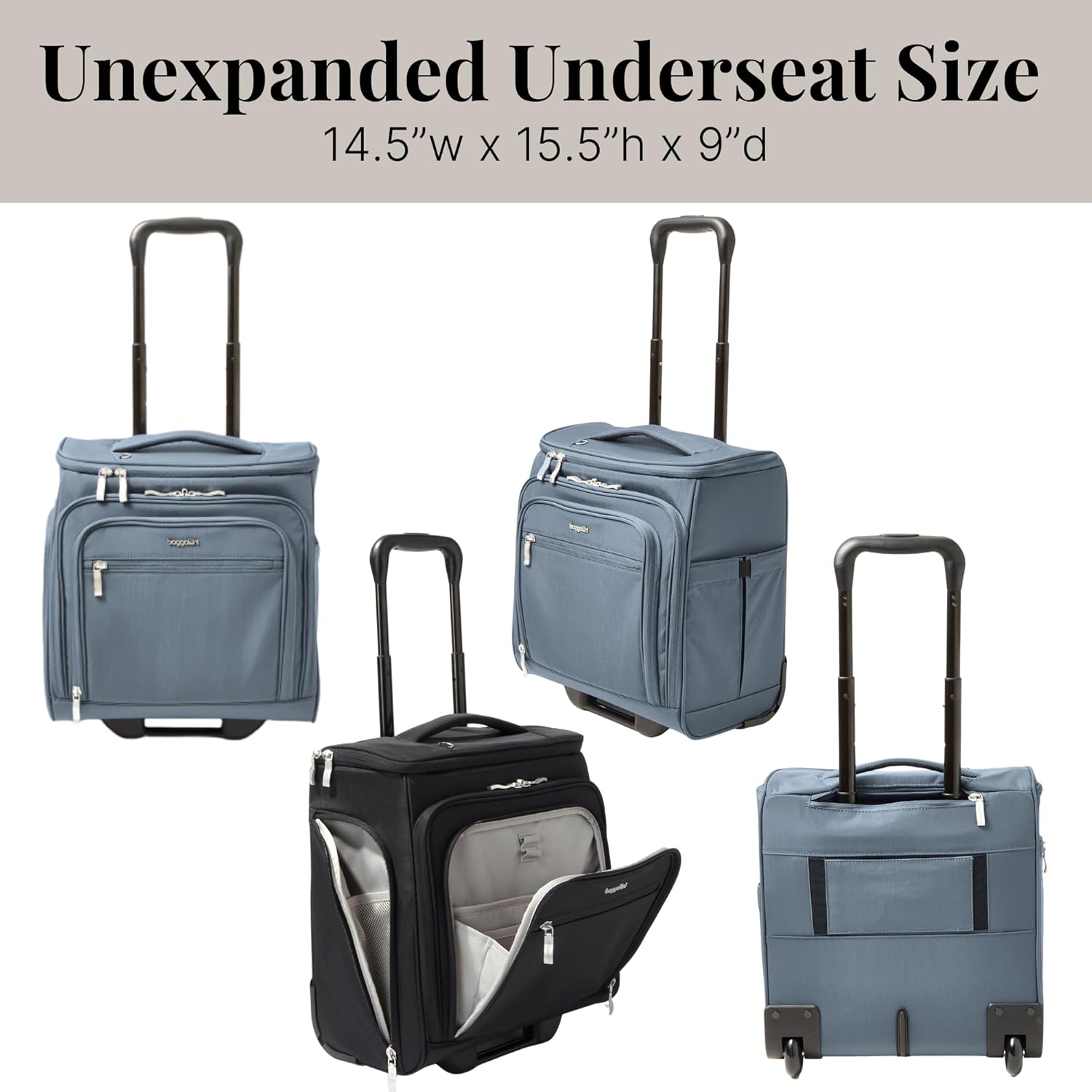 Baggallini Expandable Underseat Carry-On - Lightweight Travel Luggage Carry On Weekender with Wheels