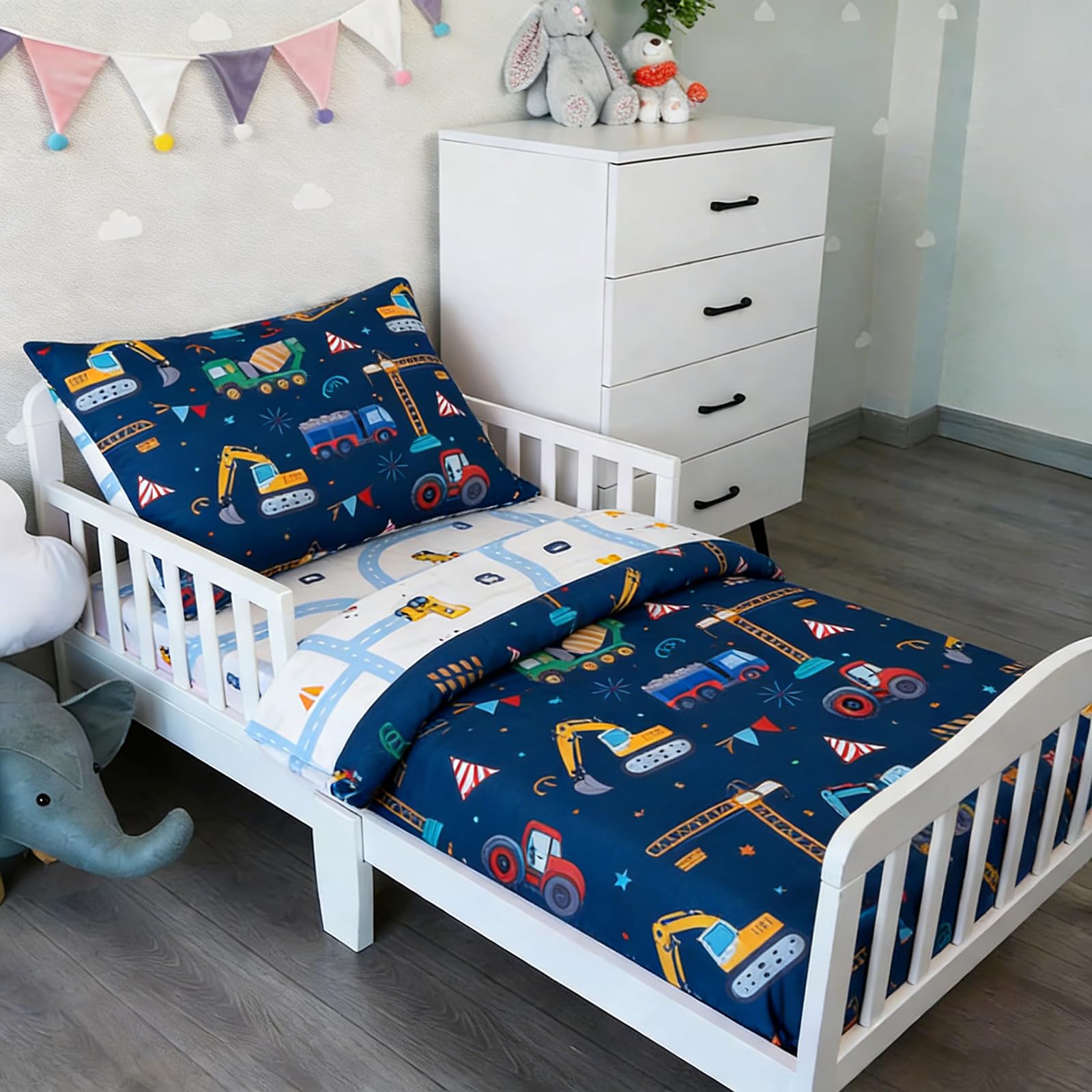 Photo 1 of NTBED 4 Pieces Construction Truck Toddler Bedding Set for Baby Boys, Flags Vehicles Excavator Cars Printed, Includes Comforter, Flat Sheet, Fitted Sheet and Pillowcase,Navy