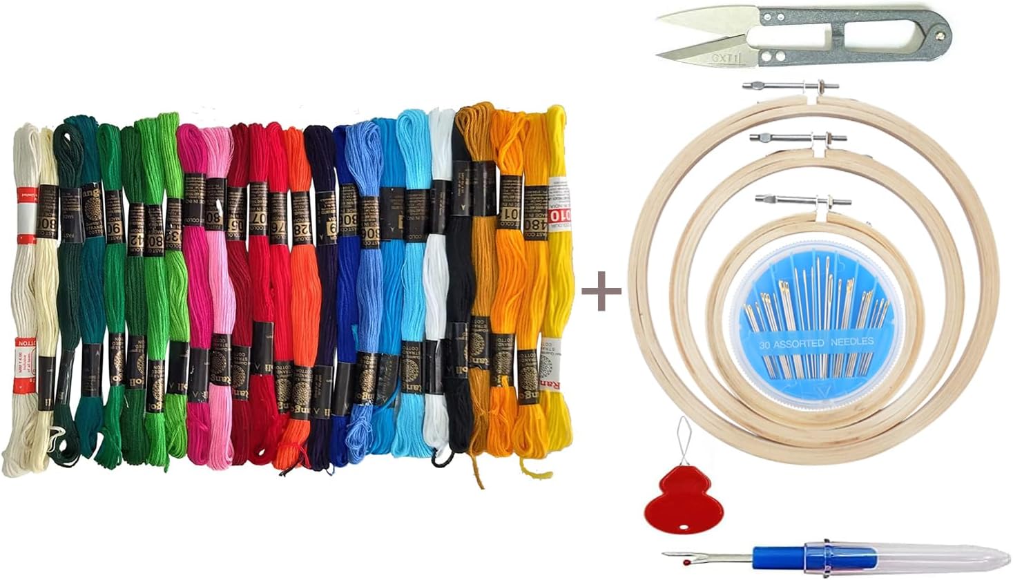 Homeistic Applience Embroidery Kit With Wooden Hoop Ring 6,7,8 Inches, 25 Multicolor Threads, 30 Needles, 1 Seam Ripper, 1 Threader and 1 Thread Cutter for Cross Stitch Embroidery Floss Threads
