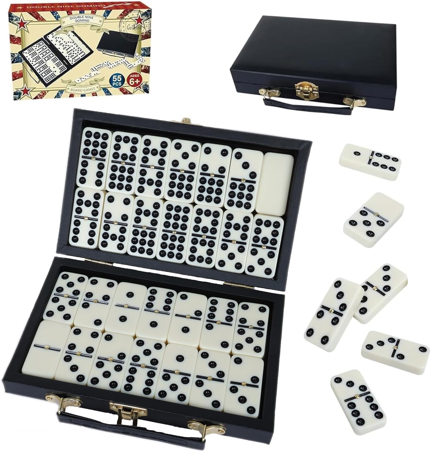 Portable Professional Double 9 Dominos Set for Adults with Storage Box - 55 Tiles Dominoes Set for Holiday Travel Game - Classic Tabletop Board Games Ideal for Toy Gifts Family Birthday Party