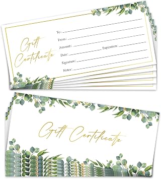 25 Blank Gift Certificates for Business, Green Leaf Gold Foil Gift Certificate for Business Salon Beauty Spa Restaurants Birthday, 3.5x8 Work Business Present Card -01