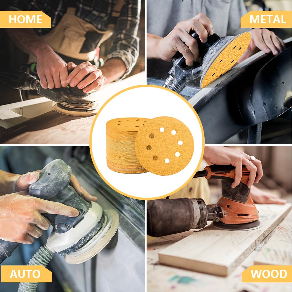 5 Inch 8 Hole Sanding Discs Hook and Loop，50pcs Gold Round Hook and Loop Sandpaper for Random Orbital Sander 320 Grit