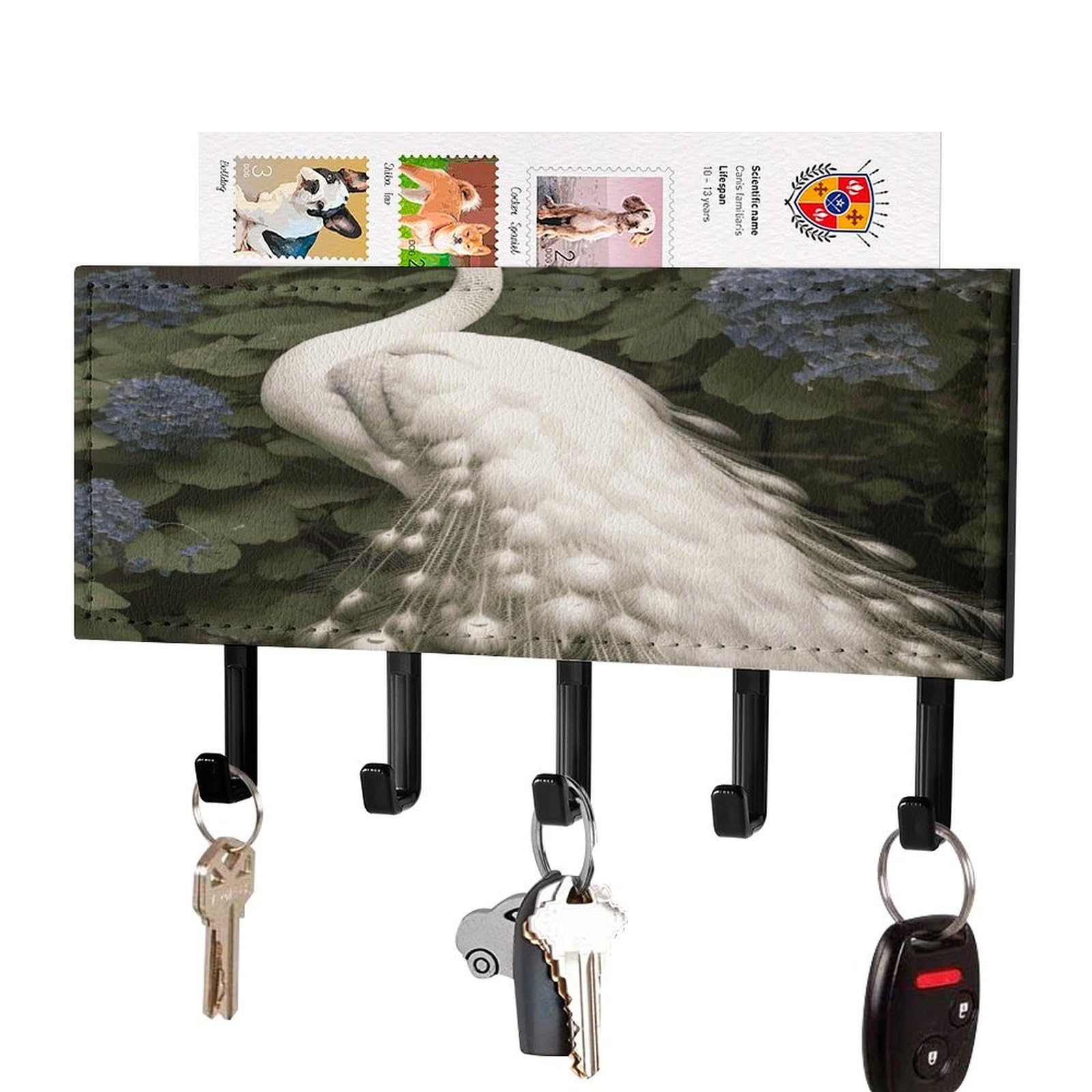 LDGSUPH White Peacock Key Holder Wall Mount Key Hanger with 5 Hooks Fashion Key Organizer Rack Hanging Key Hooks with Mail Organizer Key Rack for Home Entryway Hallway Black-Style
