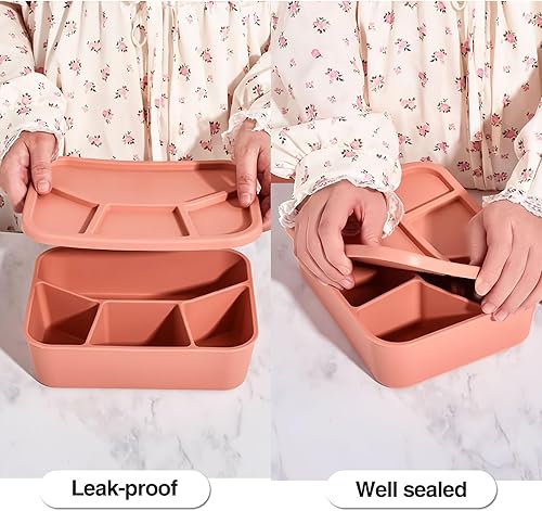 Miniatura 2 de AROCFTIE Caja Bento de silicona, 4 compartimentos, caja de almuerzo de silicona de grado alimenticio con tapas, recipientes de almuerzo a prueba de