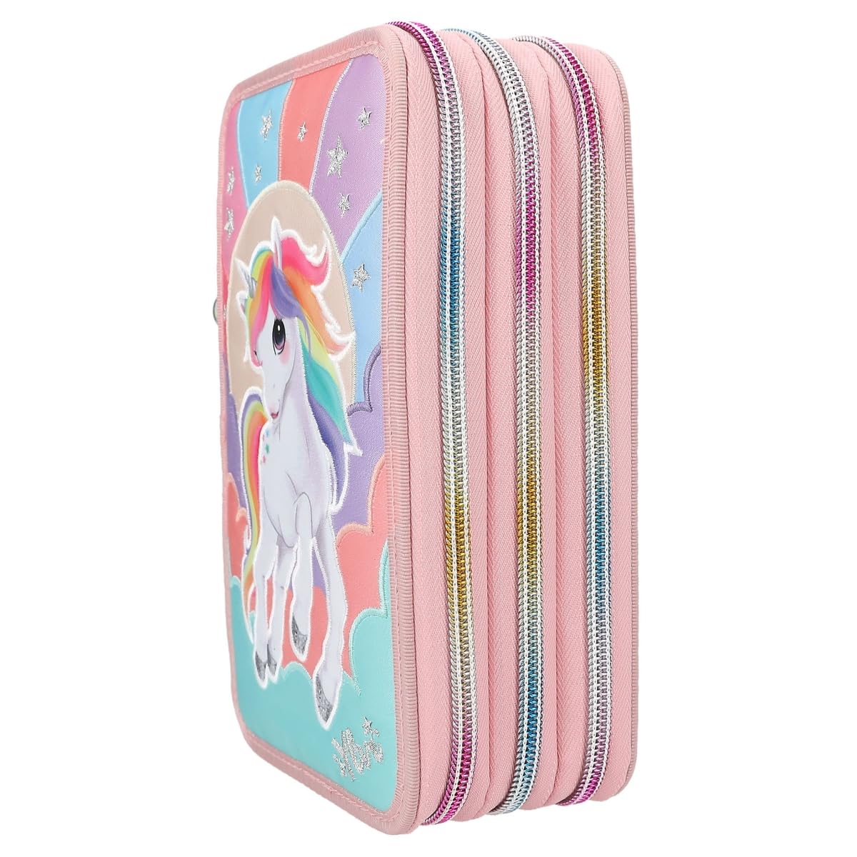 Depesche 12616 Ylvi Rainbow - Gefüllte 3-Fach Federtasche mit Einhorn Motiv und glitzerndem Kugelanhänger, Federmäppchen mit Buntstiften, Lineal, Schere uvm.