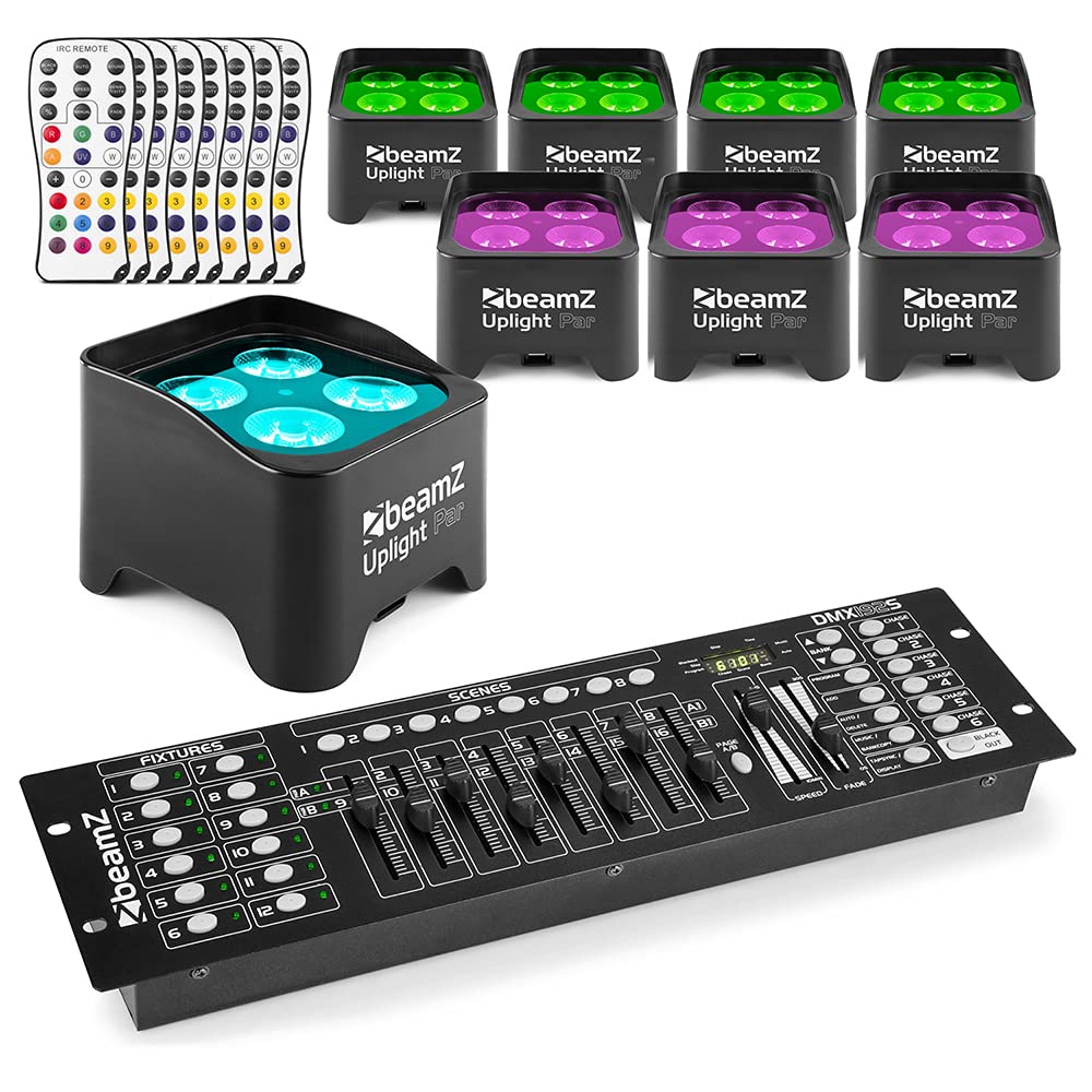 BeamZ Battery Powered Wireless LED Uplighting Kit - 8X RGB-UV Wall Wash Uplighters with DMX192S Controller, Battery Wall Uplighters for Weddings, DJ, Marquee & Events Lighting