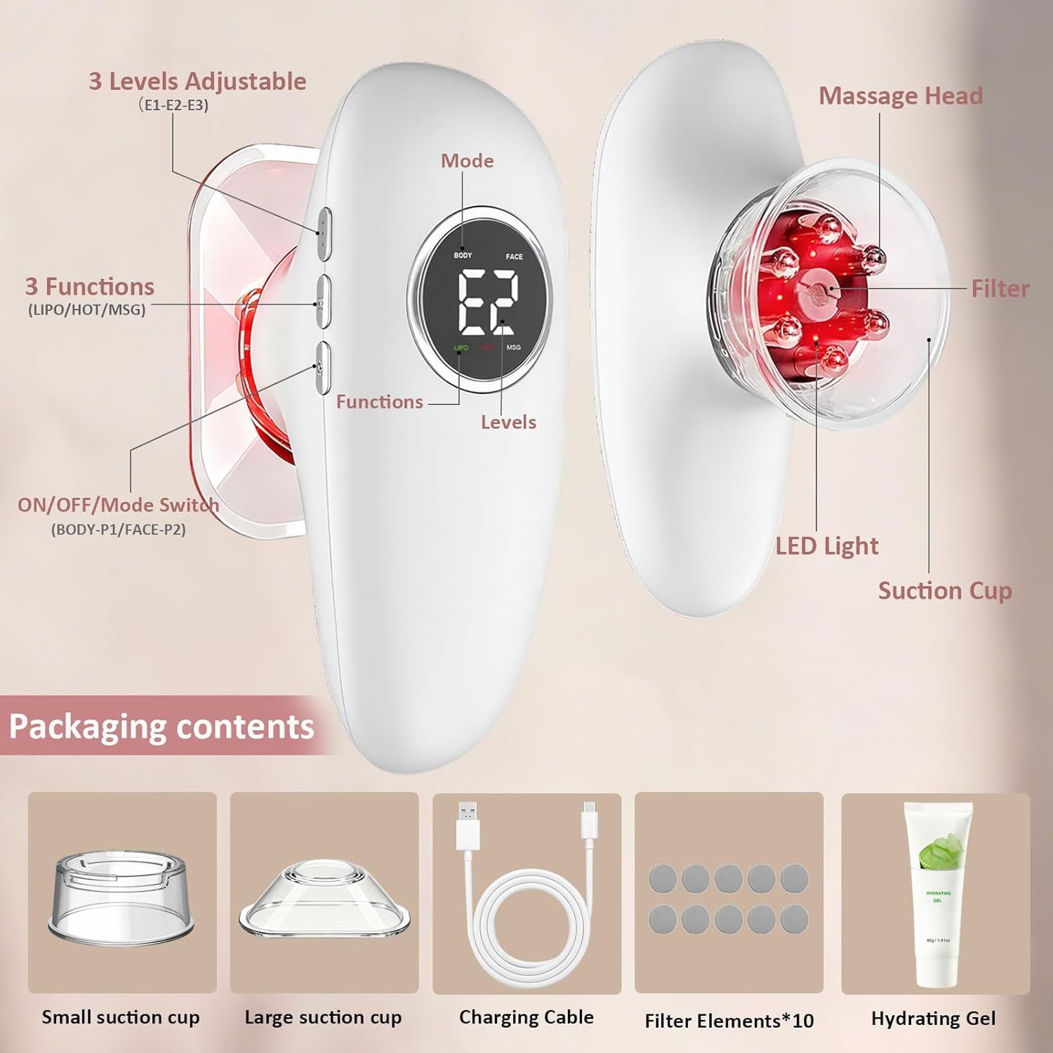 Body Sculpting Machine, 4 in 1 Cellulite Remover for Legs, Adjustable Cellulite Massage Tool, Home Use Cupping Therapy Tool for Belly, Waist, Arms, Legs and Face (Beige) - Image 7