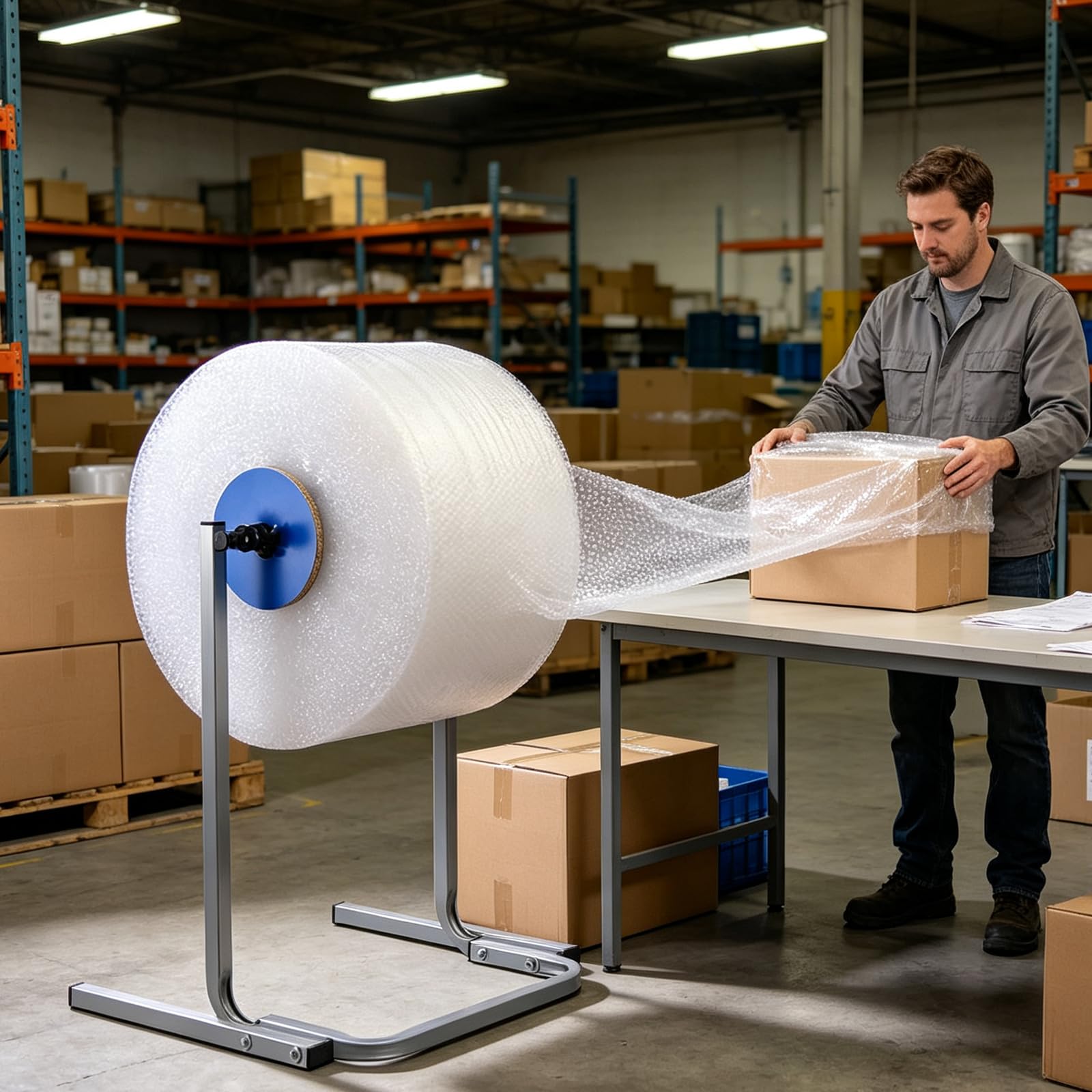 LBMED Vertical Bubble Wrap Roll Holder, 15.75inch Cushioning Wrap Holder, Easy Film Replacement, Thickened Galvanized Pipes, Smooth Rotation, Save Space, For Packing, Moving, Shipping