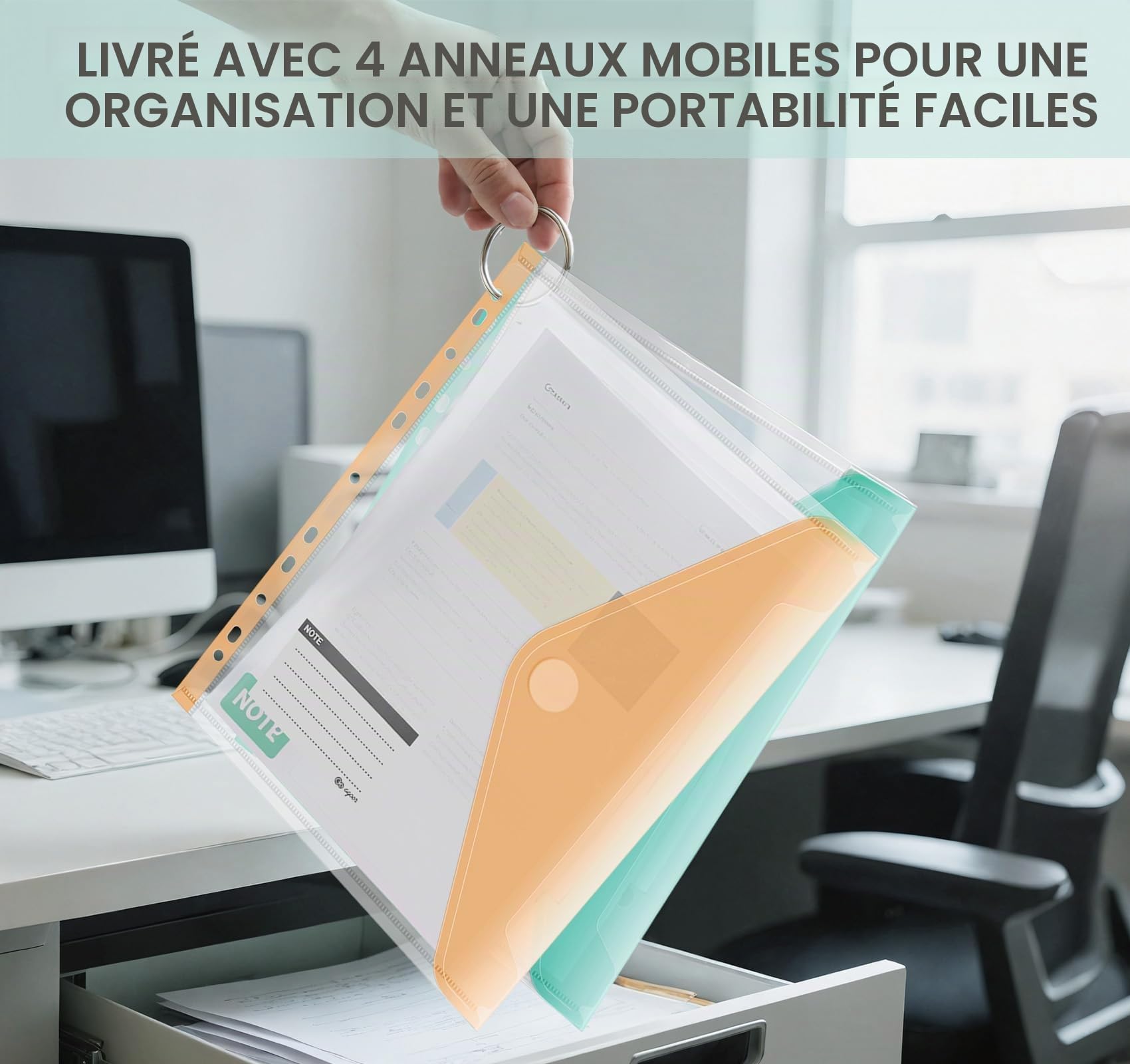 Agoer Lot de 16 pochettes perforées en plastique A4 + avec pochettes perforées, 8 pochettes assorties pour documents, dossiers à 11 trous avec fermeture Velcro pour la maison, le bureau et l'école