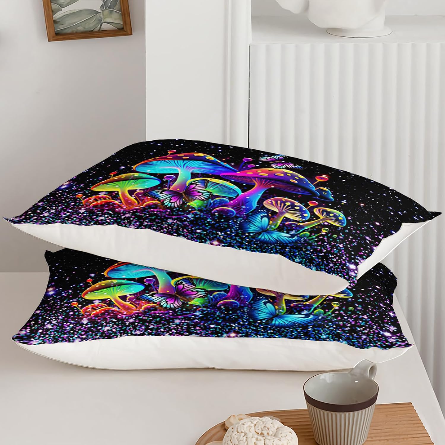 Kids Mushroom Comforter Set, Colorful Sparkle Natural Wild Fungus Bedding Set for Kids Boys Girls, Botanical Plants Duvet Set Butterfly Comforter with 2 Pillowcases Queen Size