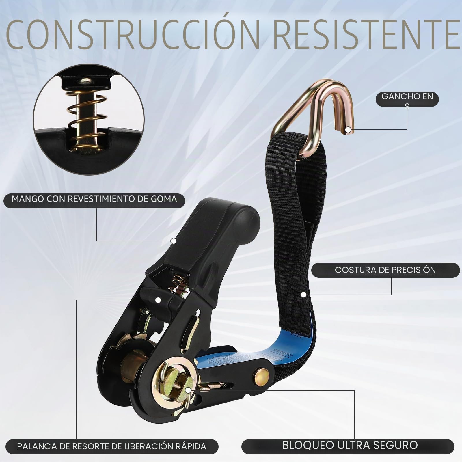 Correas de Trinquete,4 Correas tensoras con carraca,6 m x 25 mm, Cinchas de Amarre,con Correas de trinquete con Hebilla de Leva,Cinchas de Sujeción de Carga para Baca,Equipaje,Lonas,Negro