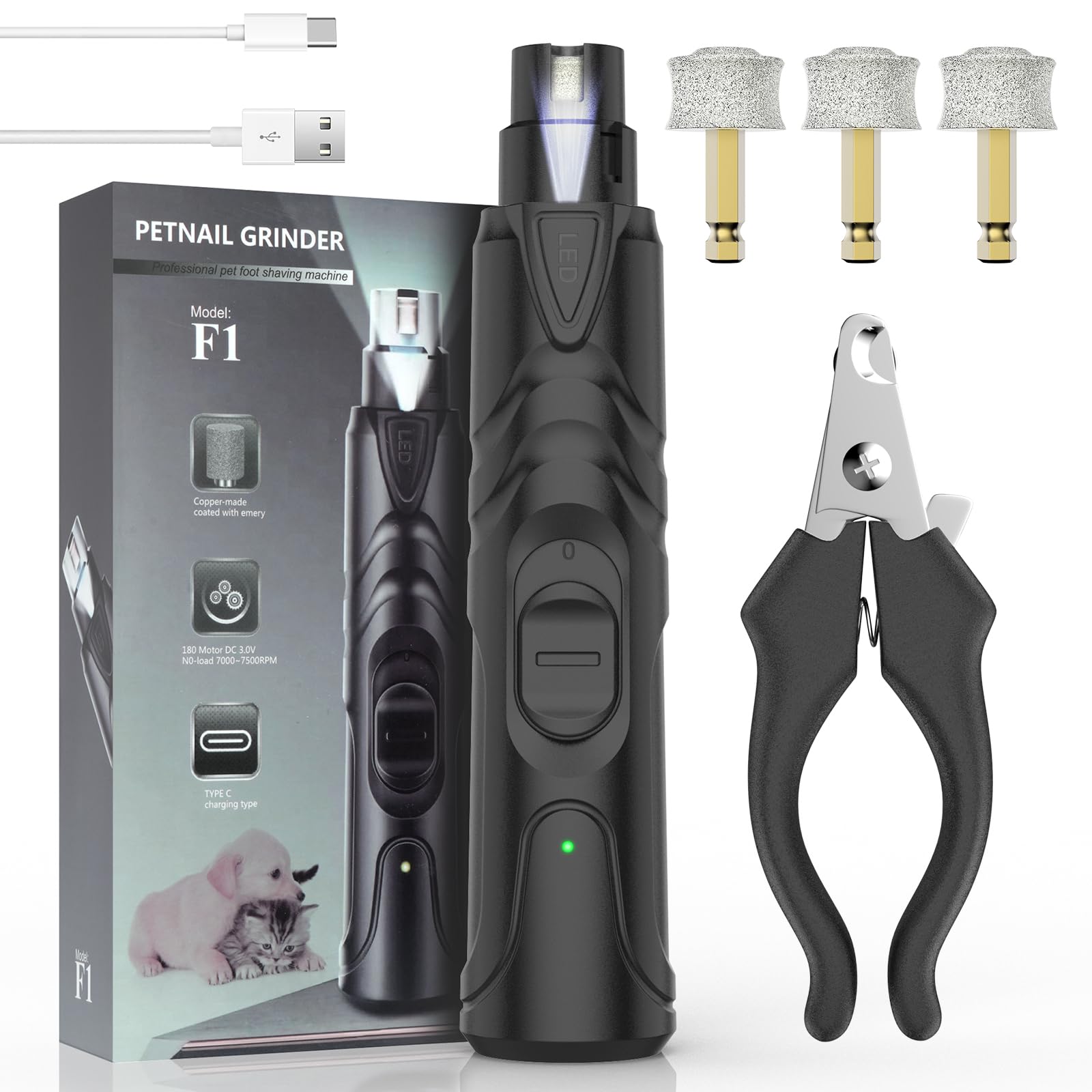 TAIKOUL Lima de Uñas Eléctrica para Perros, Lijadora de Garras con Led, 45 Decibelios, Súper Silenciosa, 7500 RPM (Negro)