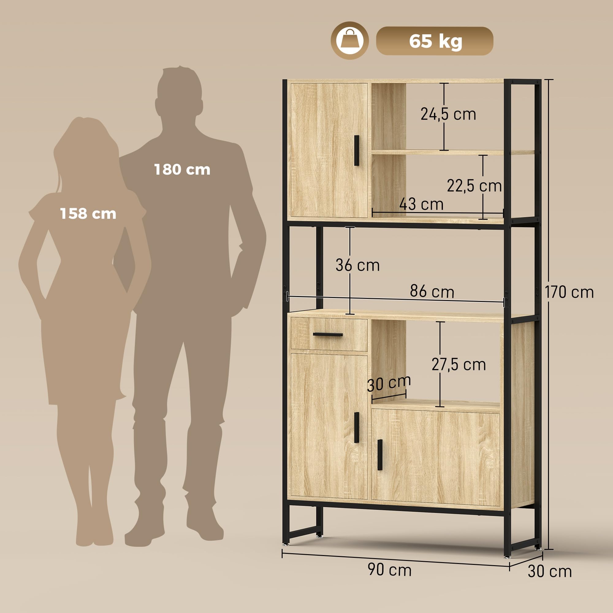 HOMCOM Buffet Haut Cuisine 3 Portes à Fermeture Douce Tiroir Bois Naturel