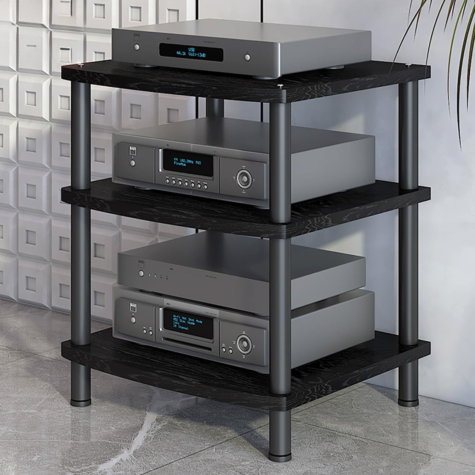 Modern AV Media Stand, 3-Tier Stereo Cabinet with Carbon Steel Frame, Wooden Storage for TV, DVD Players &amp; Accessories(Black,3 Tier 60x54x66CM)