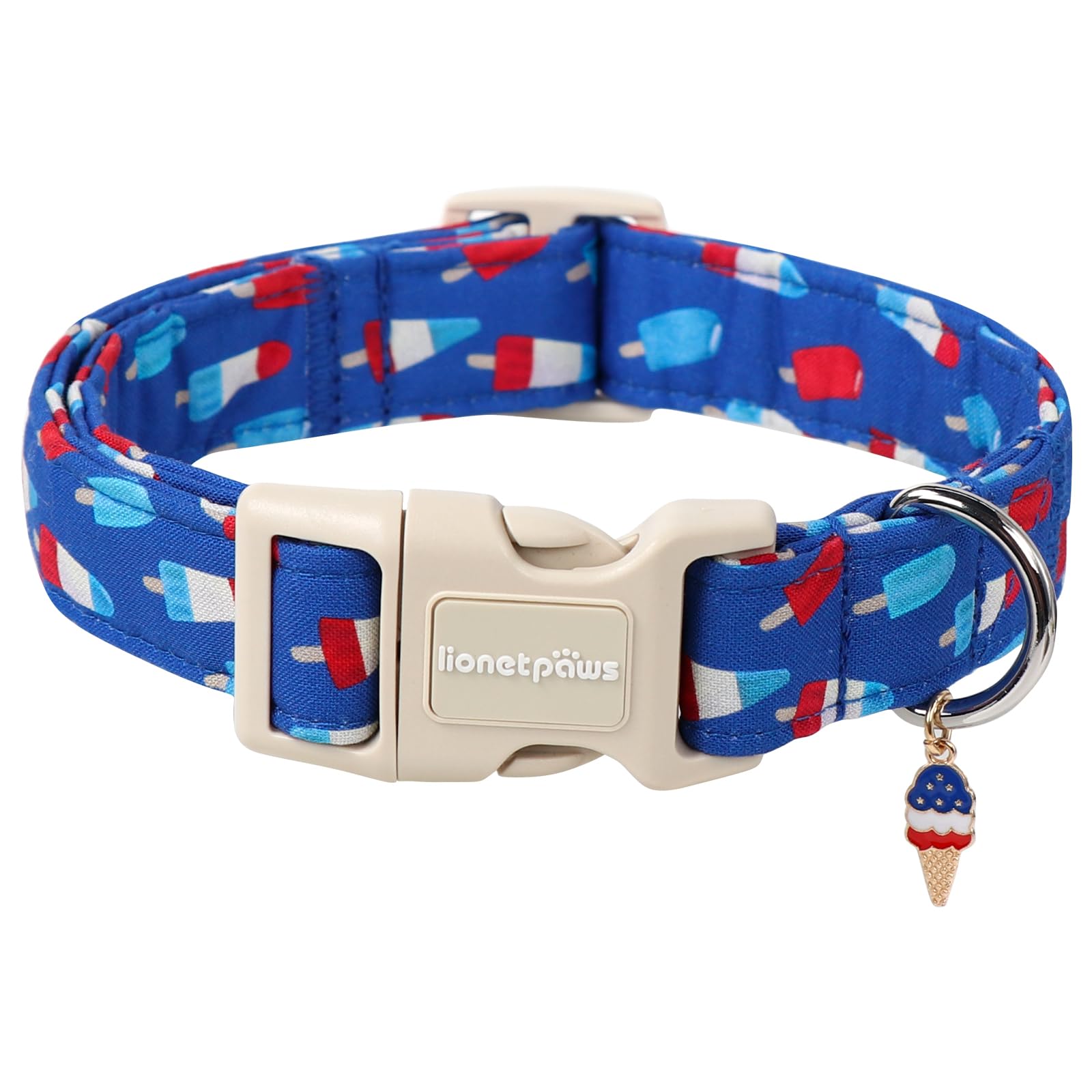 Lionet Paws 4th of July Dog Collar- Cute Blue Red Popsicle Dog Collars with Plastic Buckle and Icecream Pendant, Light Adjustable Dog Collars for