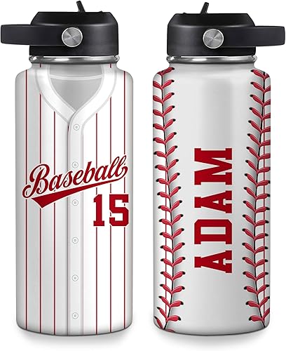 Vista 25 de Hyturtle Botella de agua de béisbol personalizada, botella de acero inoxidable aislada de viaje con tapa a prueba de fugas, 18 onzas, 32 onzas