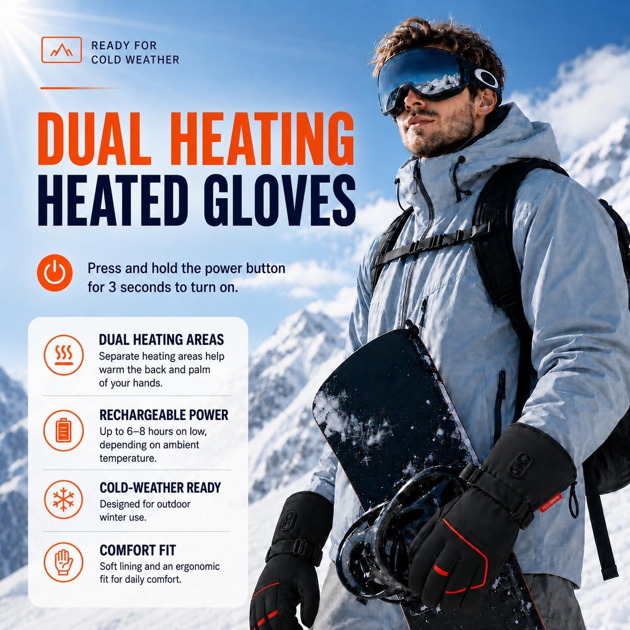 Heated Gloves for Men Women, Rechargeable Electric Ski Hand Warmers with 7.4V 3000mAh Electric Heated Gloves, Touchscreen Fingertips, Adjustable Wrist Strap for Skiing Hunting Hiking