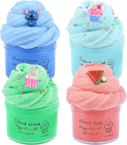 Cloud Slime Kit de 4 unidades, slime perfumado con bonitos dijes divertidos de limo, suave y antiadherente, juguetes de bricolaje para aliviar el