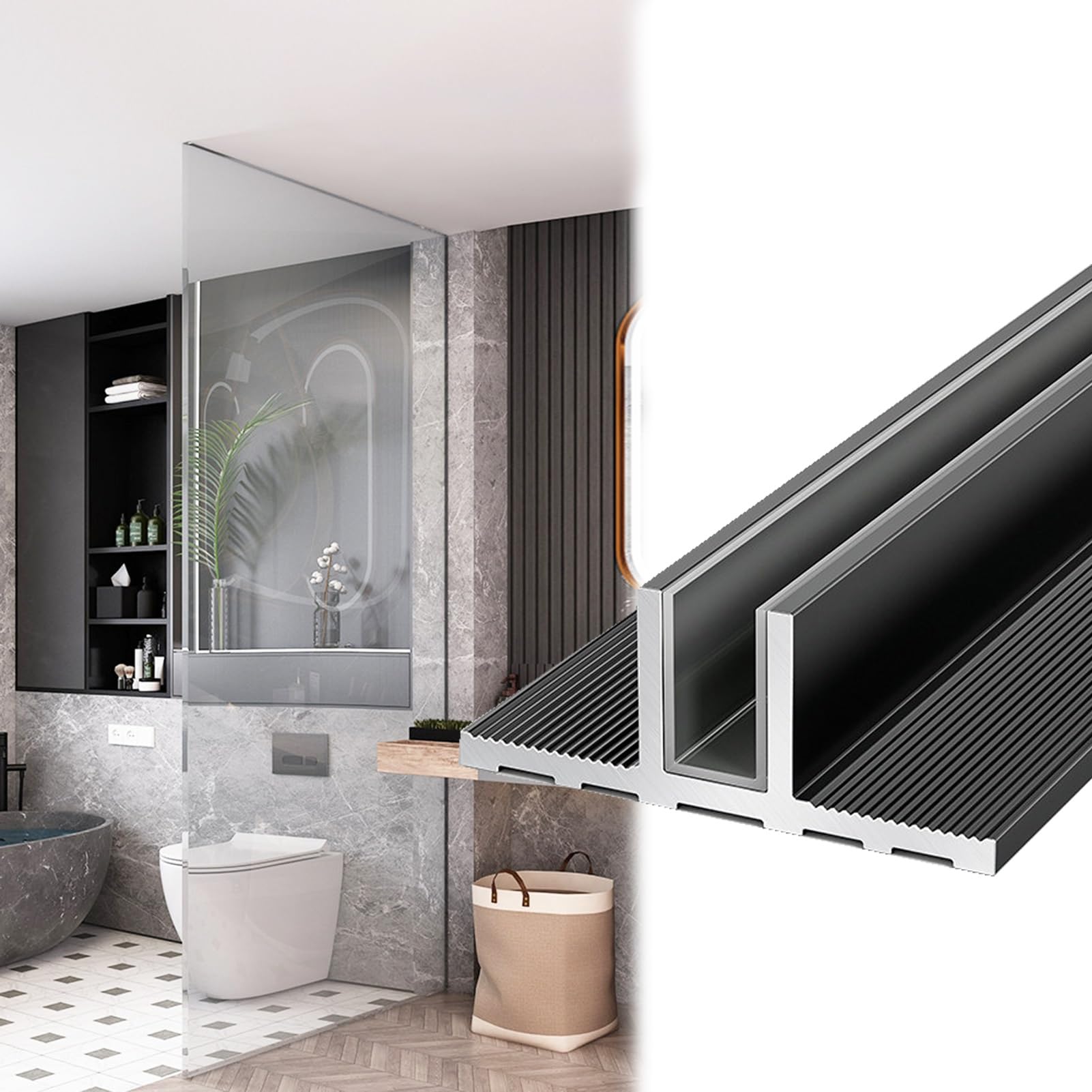 TT-shaped Glass Partition Fixed Channel, Floor Embedded Heavy Duty Frameless Shower Door Retaining Track, Black Aluminum Alloy Channel(W10mm(3/8"),L2.1m/6.9ft)