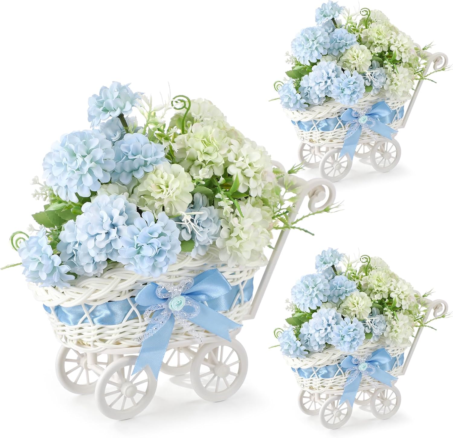 3 Pack Rattan Baby Carriage Floral Arrangement with Bouquet Baby Shower Table Centerpiece Stroller for Guests Gender Reveal Wedding Party Favor Gift and Souvenir(Blue)