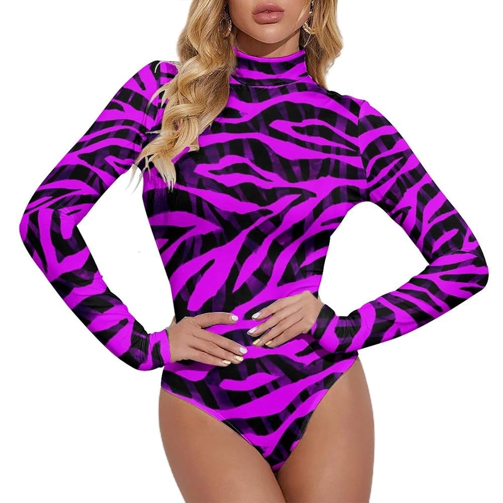 Long Sleeve Bodysuit for Women - Black Purple Zebra Print
