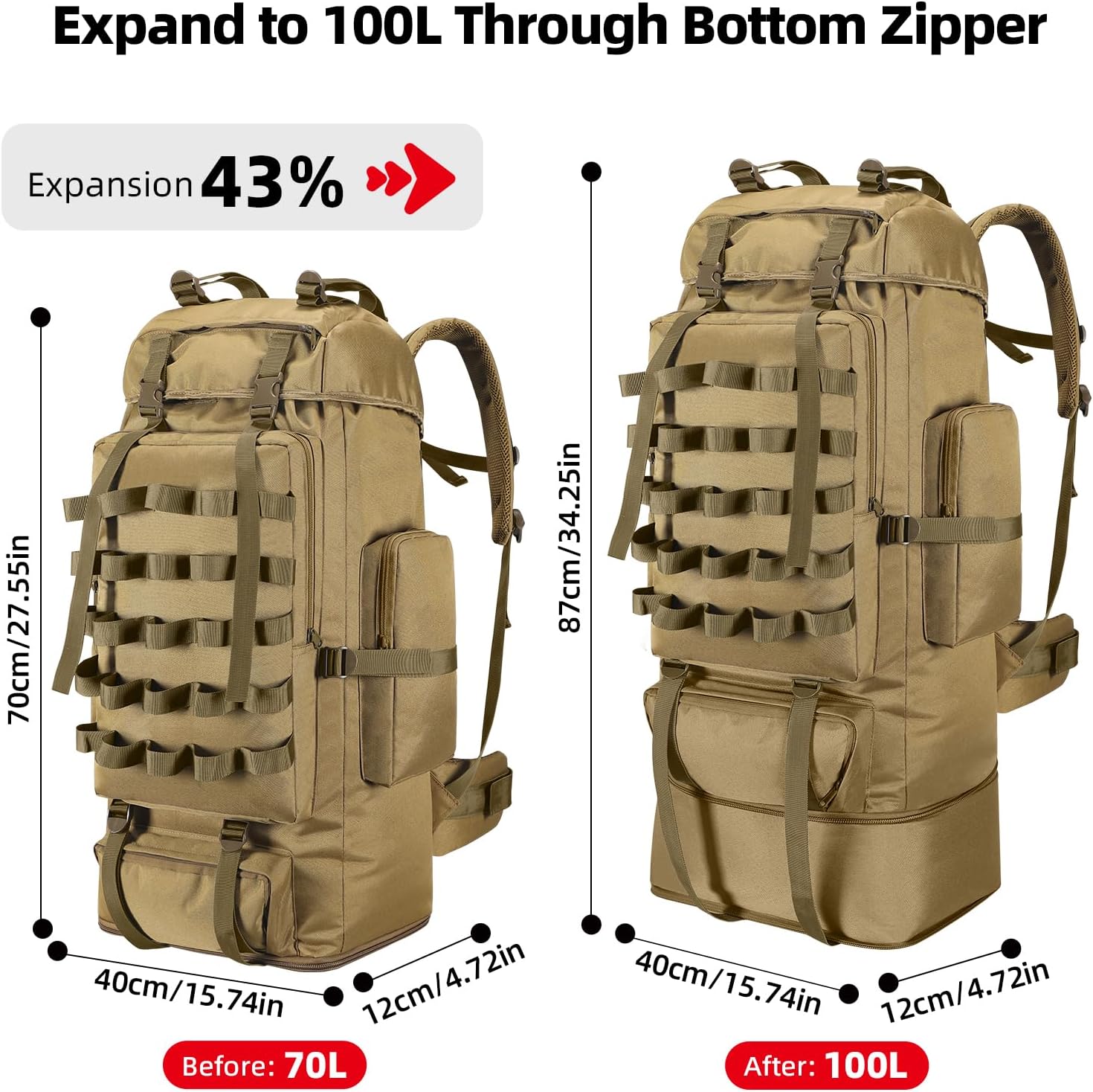 70L/100L Camping Hiking Backpack with Rain Cover, Expandable Large Military Tactical Backpack, Waterproof Molle Racksack Travel Backpacking Daypack for Climbing Trekking (Black)