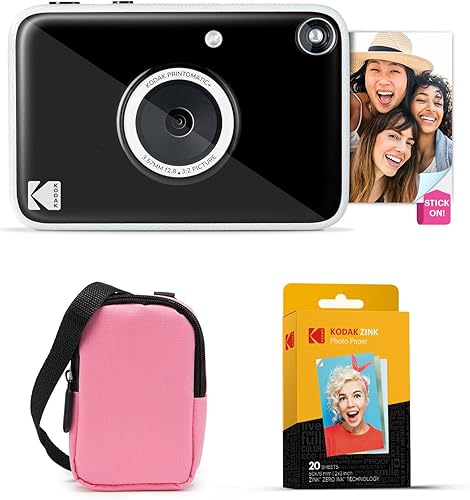 Kodak Printomatic+ Paquete de inicio de cámara digital de impresión instantánea + funda de transporte (rosa) + papel fotográfico Zink con parte