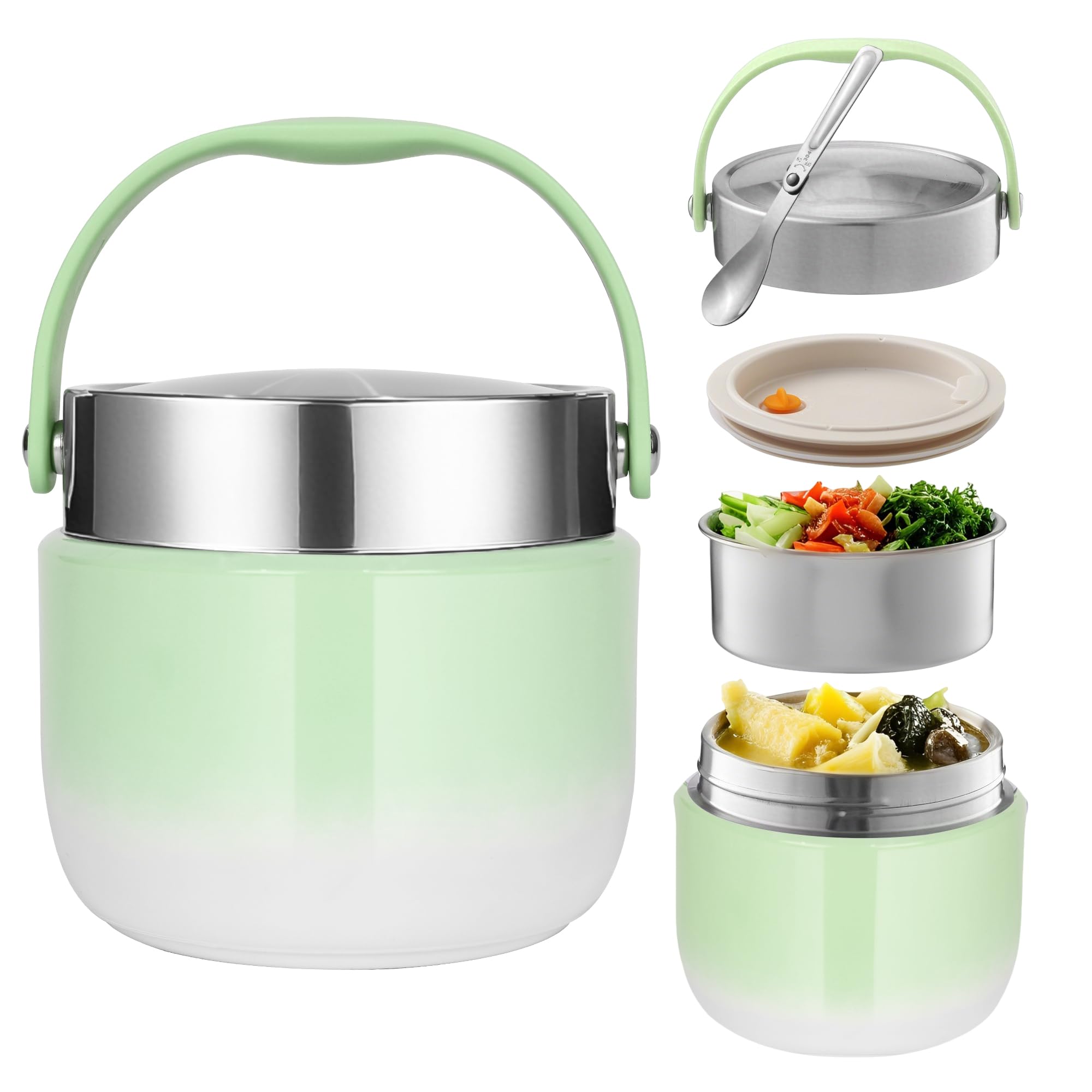 BUCOMTU Thermobehälter für Essen 1200ml Kapazität Warmhaltebehälter Essen Thermoschüssel mit Deckel,Thermo Lunchbox für die Aufbewahrung von Mittagessen,Suppen,Brei (Grün)