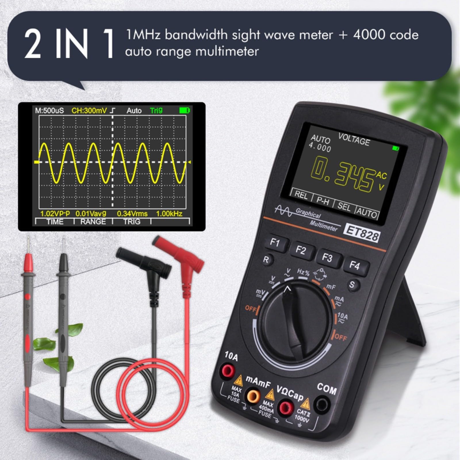 ET828 2-in-1 Digitales Oszilloskop mit 1MHz Bandbreite & 2,5Msps Abtastrate, 4000 Counts Multimeter, Auto Range, Datenspeicher für 100 Messwerte, Tragbares Testgerät für Elektronik und Industrie
