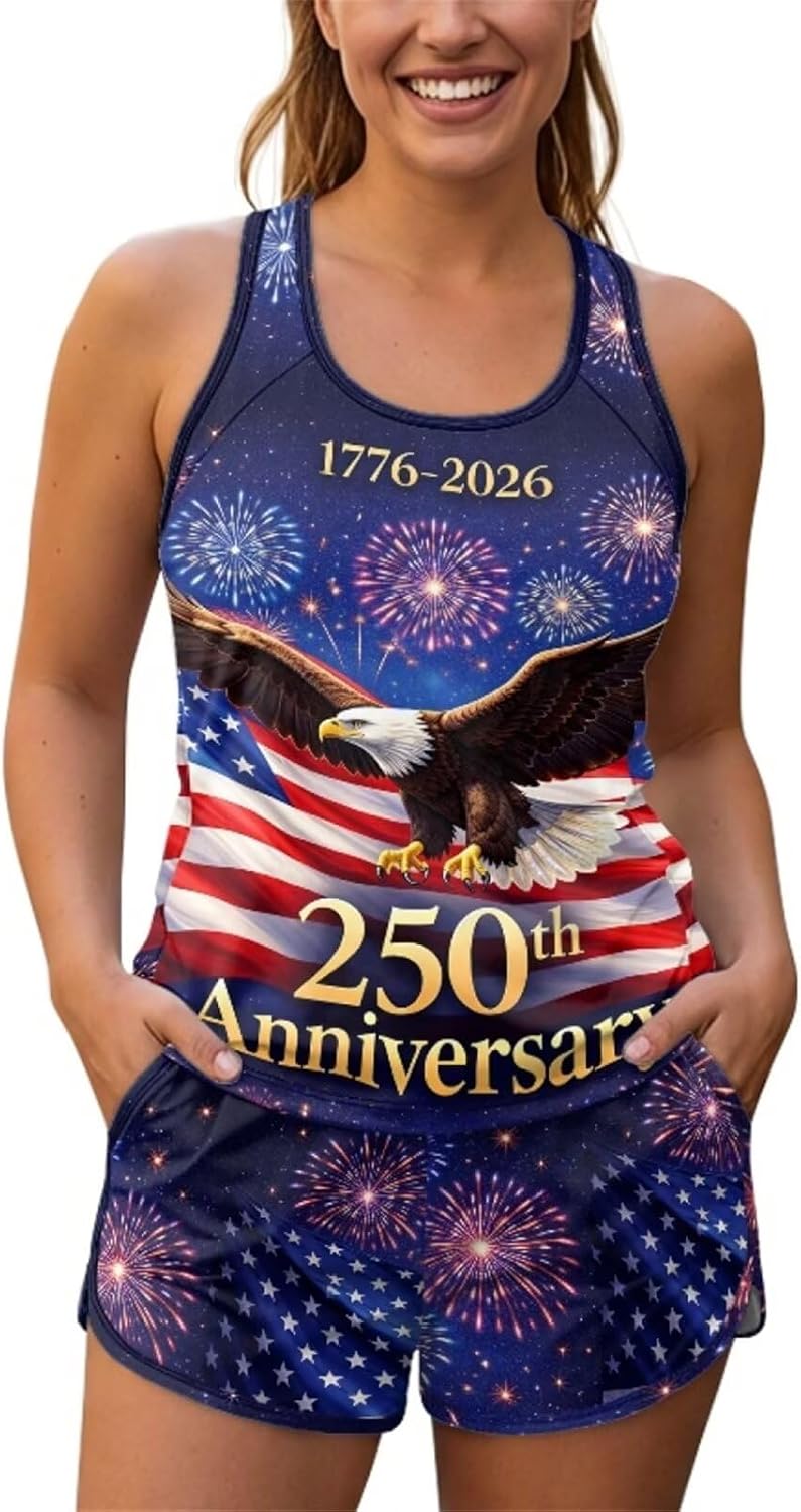 Irisjudy Swimsuits for Women Tankini with Shorts, 250 Years American Swimsuit Bathing Suits Modest Swimwear Tummy Control
