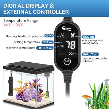 hygger Ceramic Submersible Aquarium Heater, New Explosion-Proof Fish Tank Water Heater with External Temp Controller Auto Thermostat Heater for Saltwater Freshwater (15W for 1~5 Gallon)