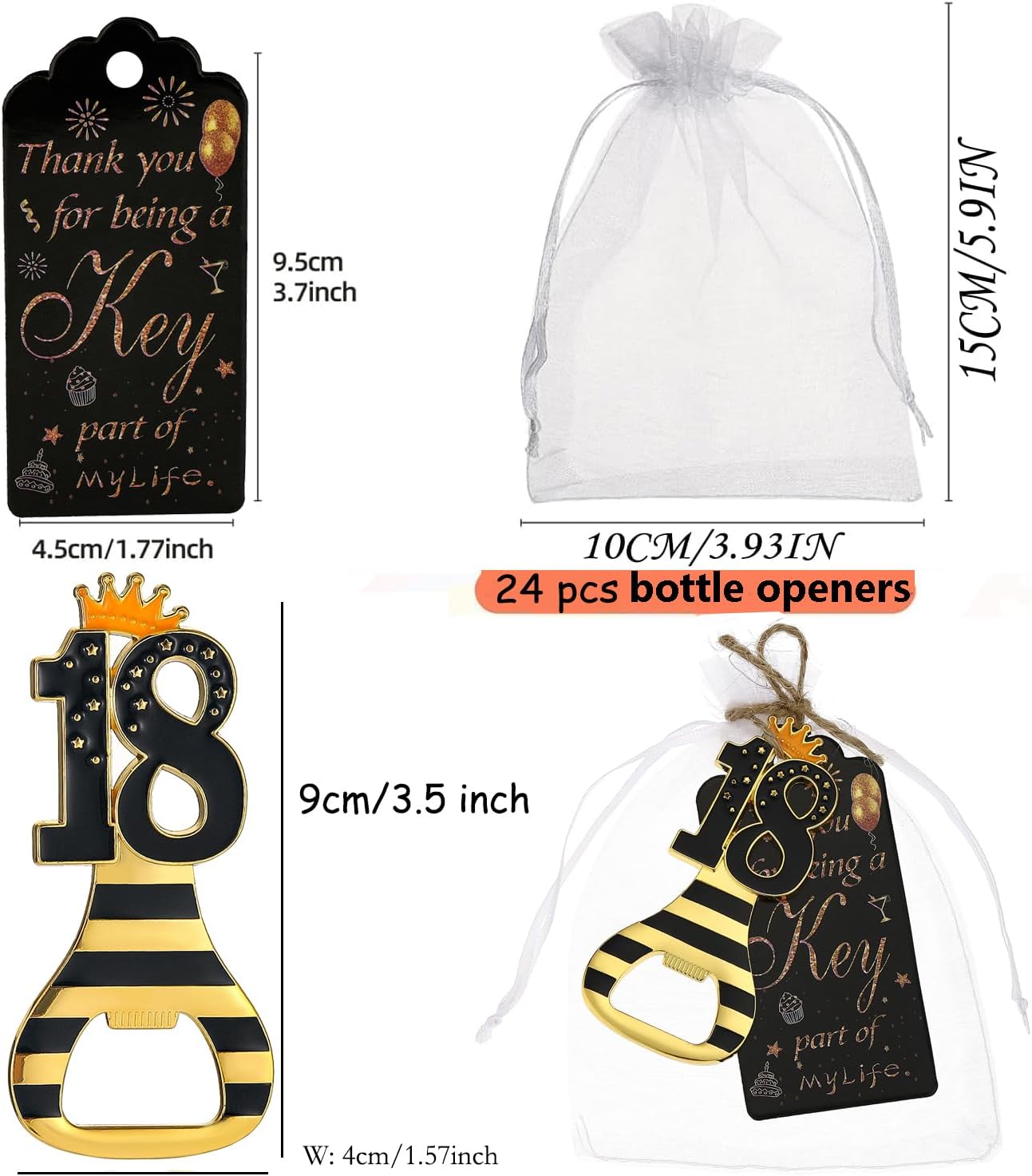 24pcs 18th Gold Keychain Bottle Opener 18th Birthday Party Favors, 18 Keychain Beer Bottle Opener Favors Anniversary Souvenirs Return Gifts for Guests Party Decor Supplies (black 18) image 2