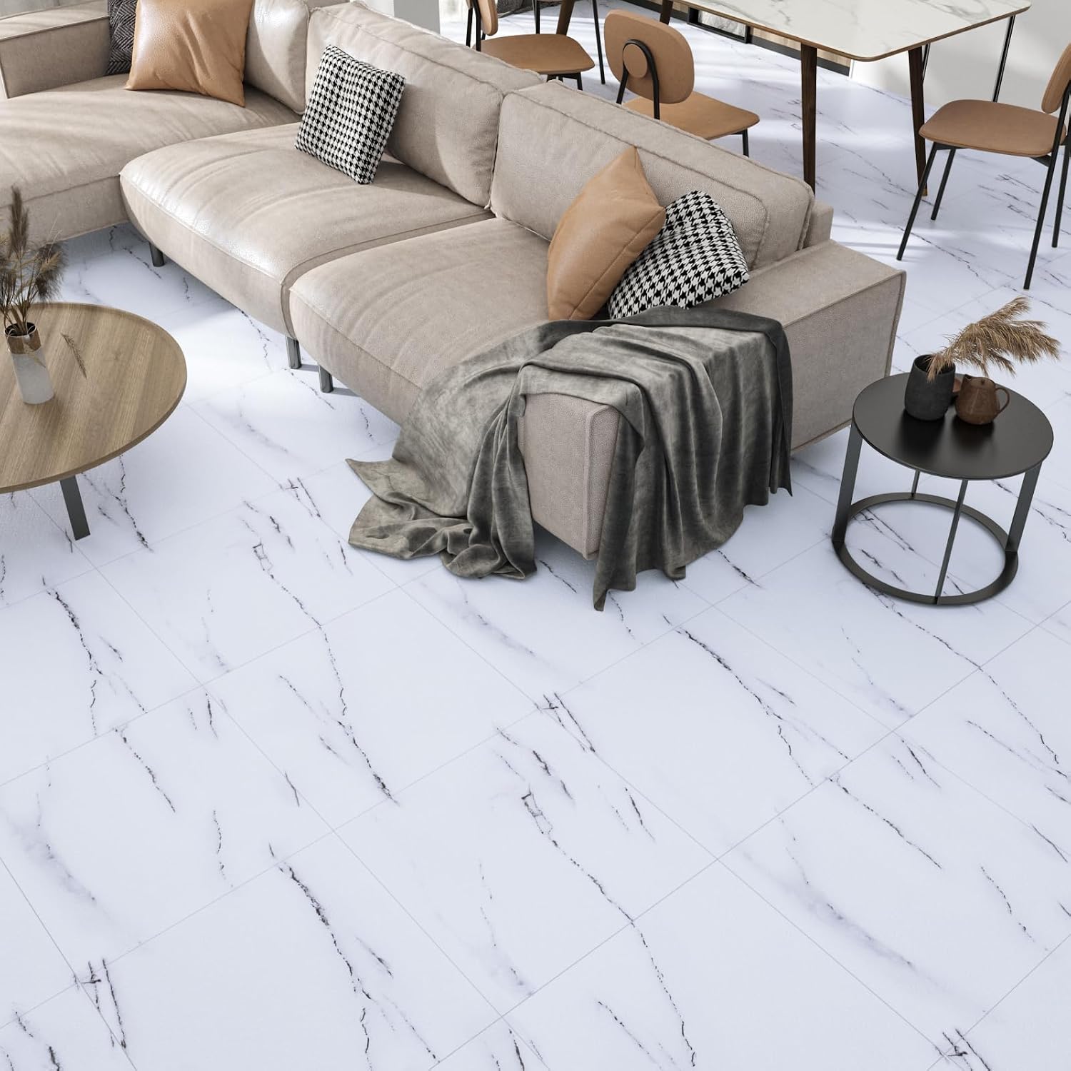 VaryStyle 18-Sheet White Marble Peel and Stick Floor Tile 12x12 Inch Faux White and Black Marble Vinyl Flooring Tile Renter Friendly Thick Vinyl Floor Tiles for Apartment Basement Flooring Stickers