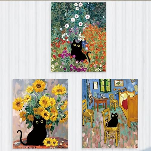 3 piezas de arte de pared en lienzo floral de gato, pinturas artísticas estéticas de flores, decoración de pared, escena de la naturaleza y amante
