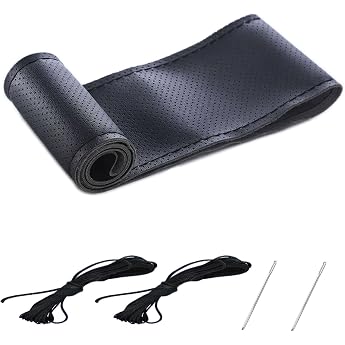 DIY Steering Wheel Cover 37-38 cm Sew-On Leather Black Breathable leather pre-drilled for easy sewing suitable for most vehicles includes needles and thread