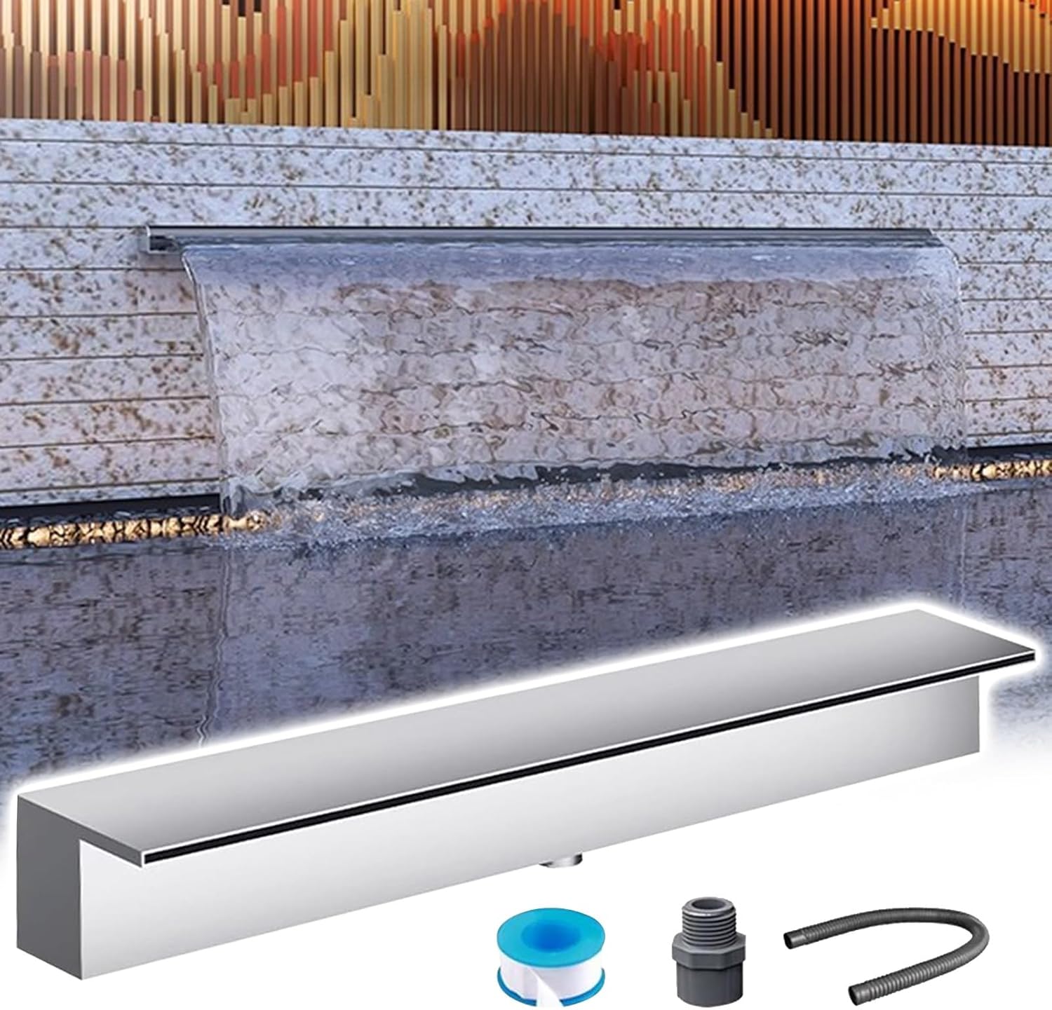 Customizable 34" Stainless Steel Waterfall Spillway, Easy Install Outdoor/Indoor Fountain Weir, Durable Water Feature with Accessories - Perfect for Gardens & Patios