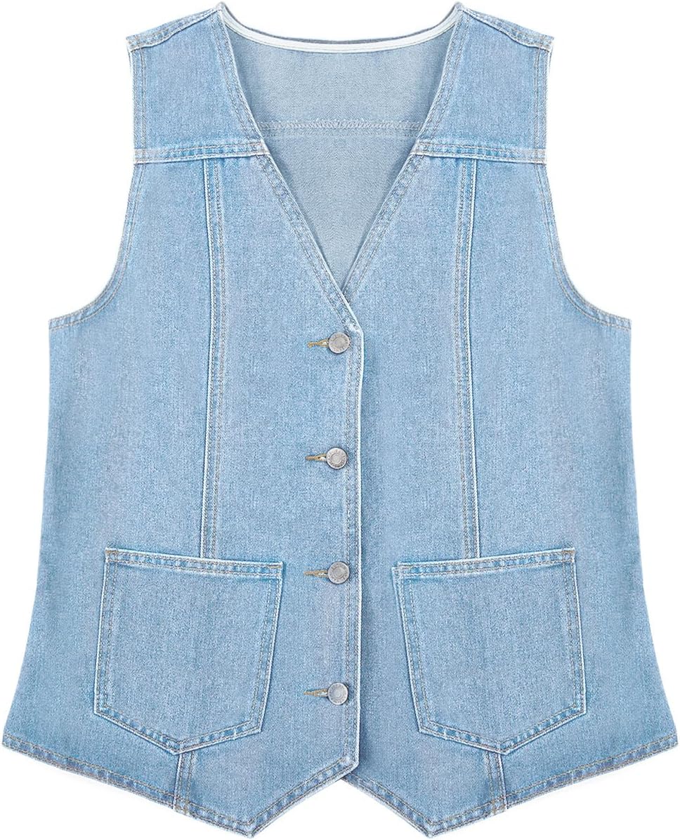 Tankaneo Denim Vest for Women Casual V Neck Button Down Sleeveless Jean Jacket