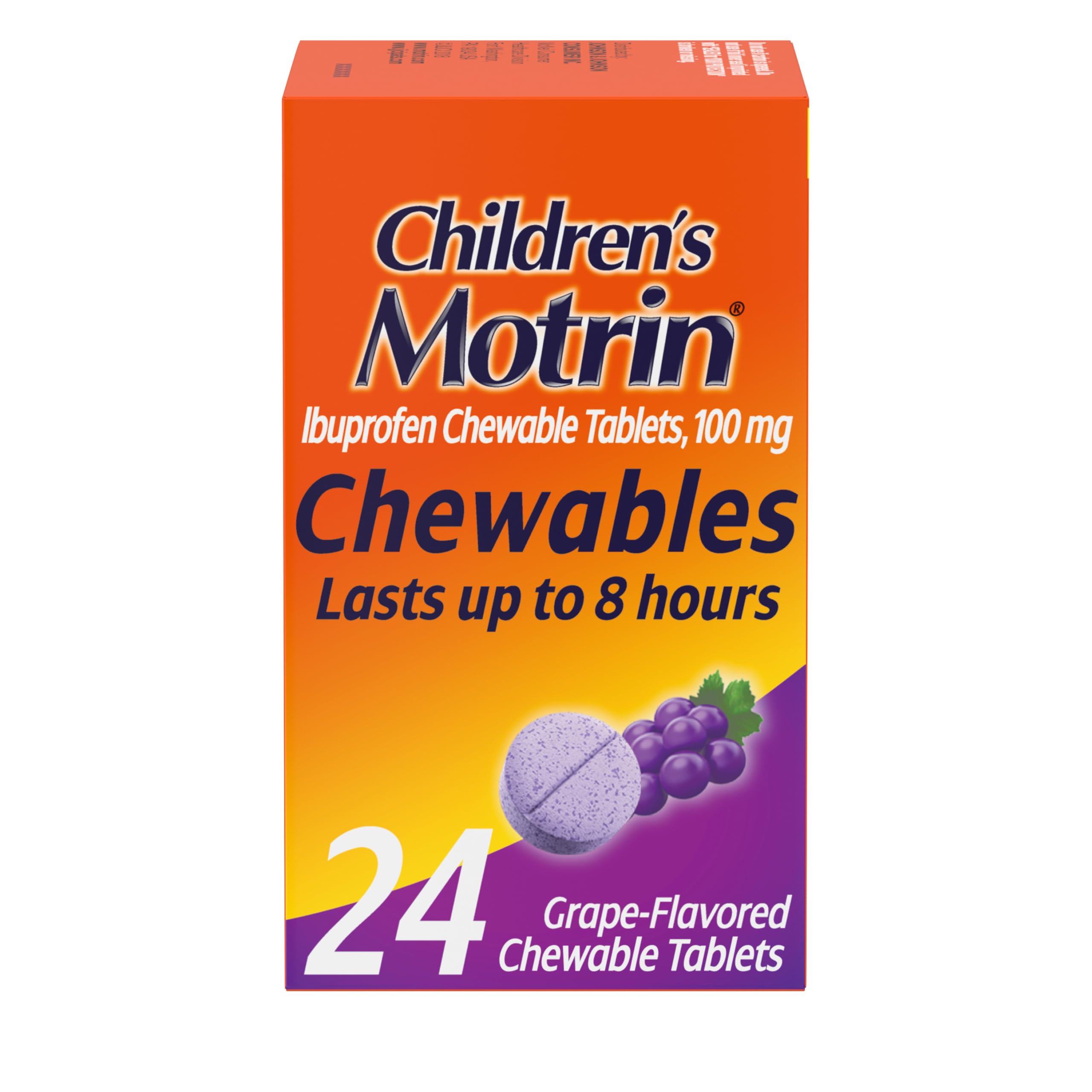 Children's Chewable Tablets with Ibuprofen, Kids' Fever Reducer & Pain Reliever for Sore Throat, Fever, Toothache & Pain Relief, Grape Flavor, 24 Ct