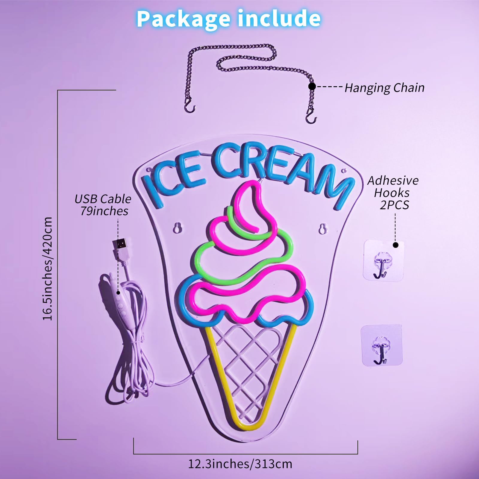 Insegna al neon a forma di gelato, dimmerabile a LED, decorazione da parete, 41,9 x 31 cm | Decorazione da dessert per affari e feste | Regali di Natale e compleanno per gli amanti del gelato