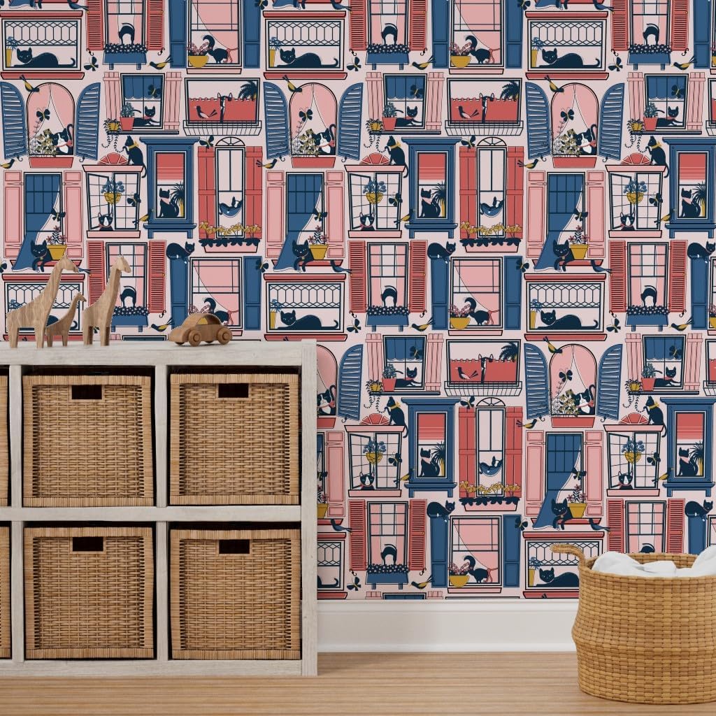 Peel & Stick Wallpaper 3ft x 2ft - Pink Blue Mustard Cat City Apartment Butterfly Navy Mustard Blush Custom Removable Wallpaper by Spoonflower