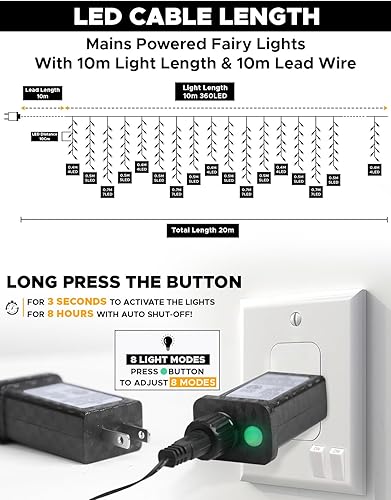 Miniatura 3 de EcoNour Luces de carámbano para exteriores  360 luces LED de Navidad para exteriores con 8 modos, cadena de luz conectable con temporizador, función