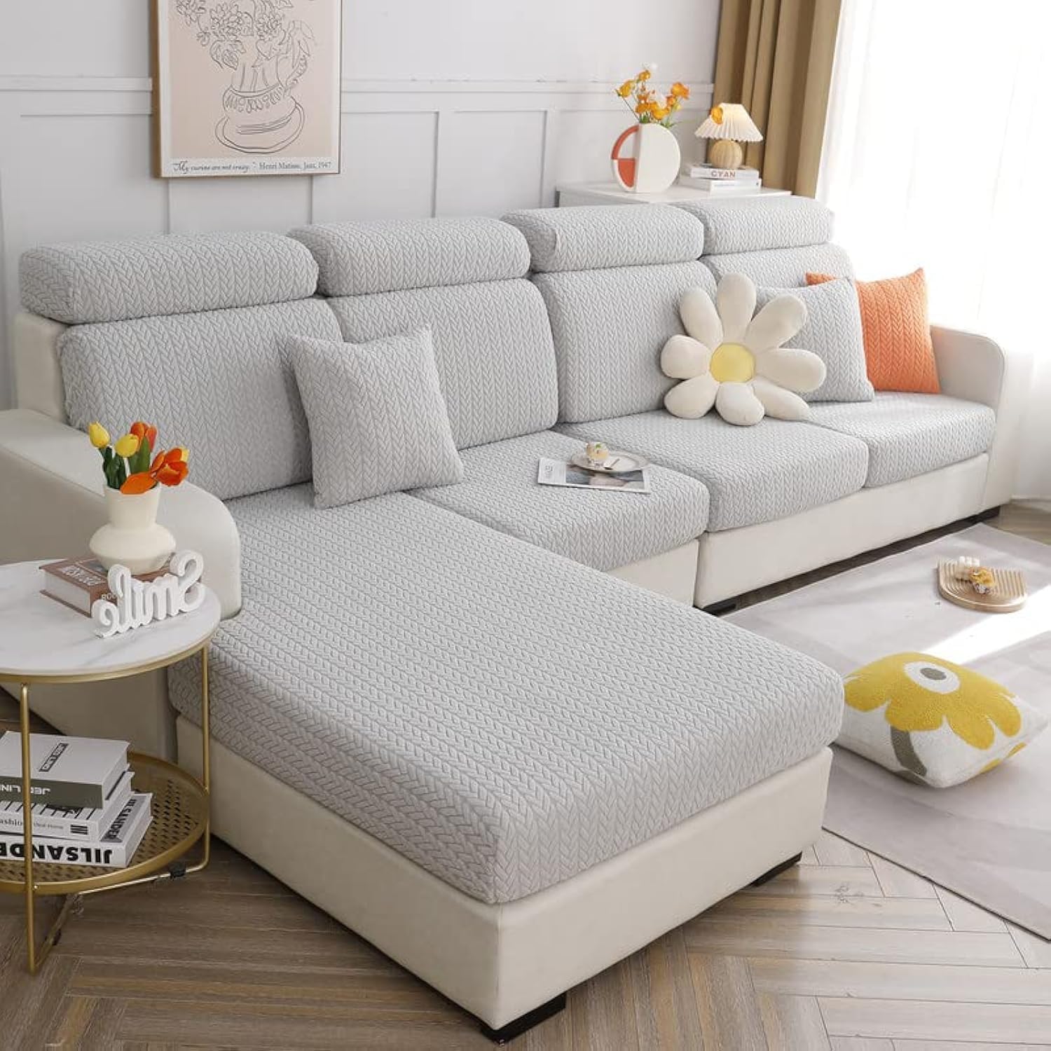 Topchances Soft Stretch Sofa Seat Cushion Covers (Light Grey, Chaise Cover)
