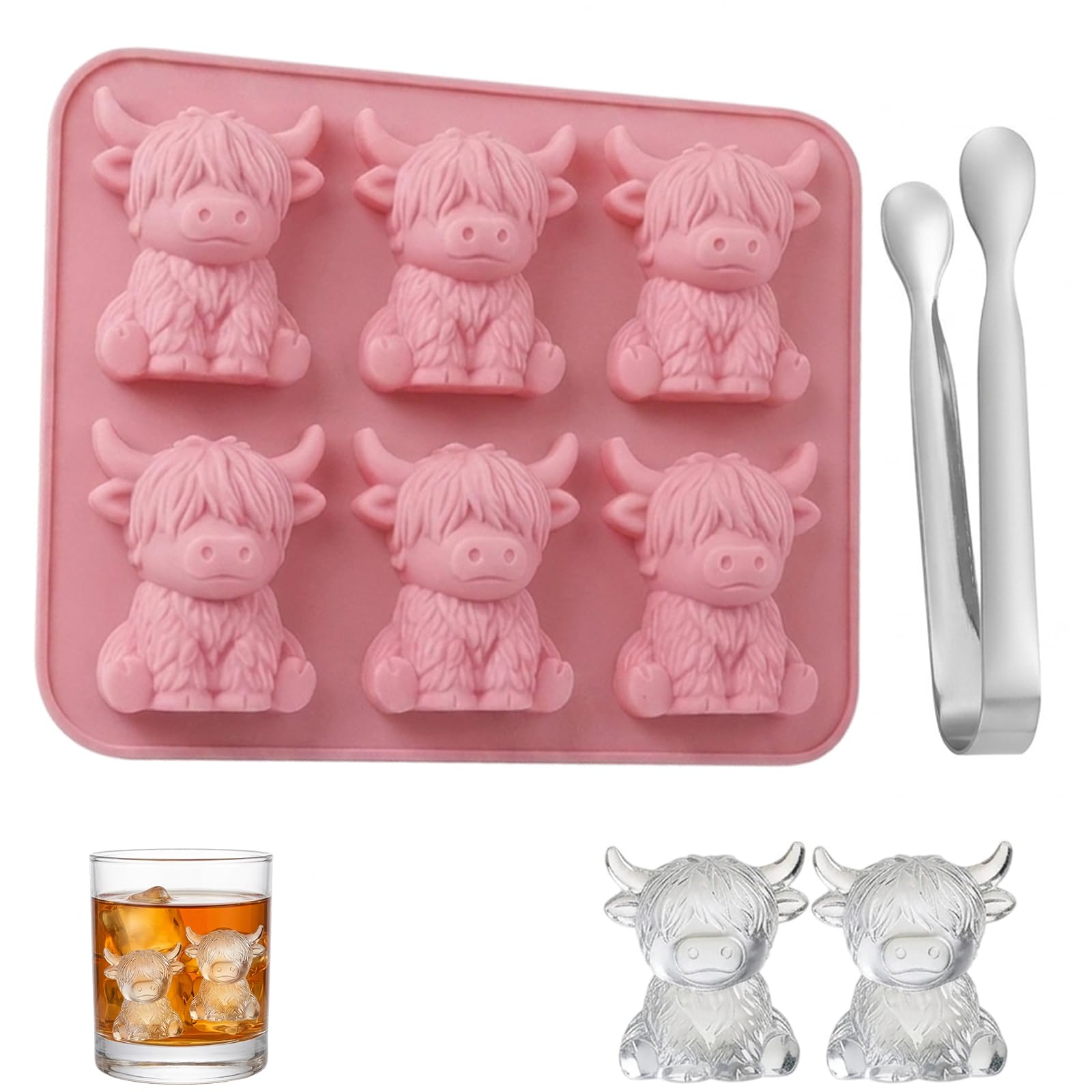 Highland Cow Ice Cube Tray with Tongs, Pink Mini Highland Cow Ice Cube Mold for Creative Beverages, Used for Home Decoration, Complete Set with Silicone Tongs