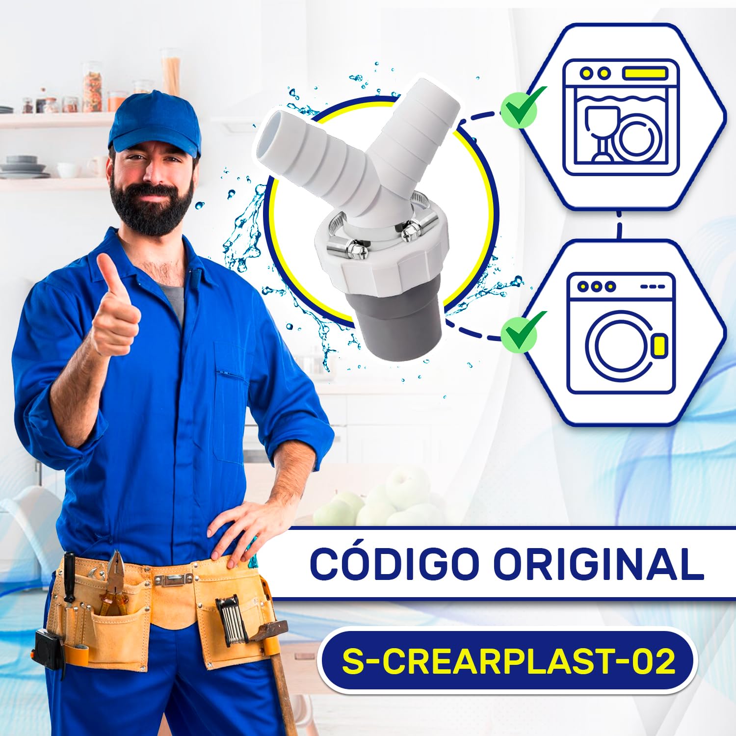 Adaptador Empalme Desague Lavadora con Salida para Tubo Ø40 mm y Entrada Ø18-23 mm - Doble Pipeta Desague en Y para Lavavajillas - Kit Incluye 2 Piezas de Abrazaderas Ø20-32 mm - MONTERAL — view 3